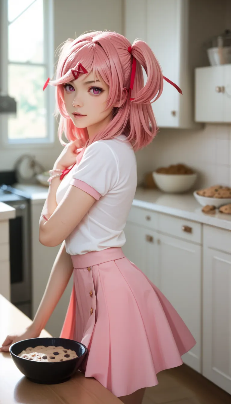 a pretty teen girl baking cookies, 1girl, natsuki, solo, pink hair, pink eyes, pink skirt, skirt, two side up, shirt, looking at viewer, bowl, table, indoors, self-harm scars