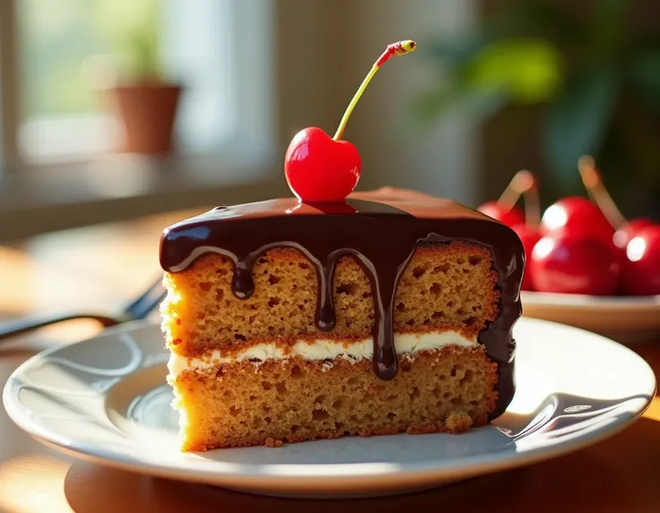 Capture an irresistible slice of carrot cake with chocolate frosting and a single glossy cherry on top using a Nikon Z9 paired with a 105mm f/2.8 macro lens and Fujifilm Velvia 50 film. Position the cake slice on a delicate white plate, showcasing the mois...