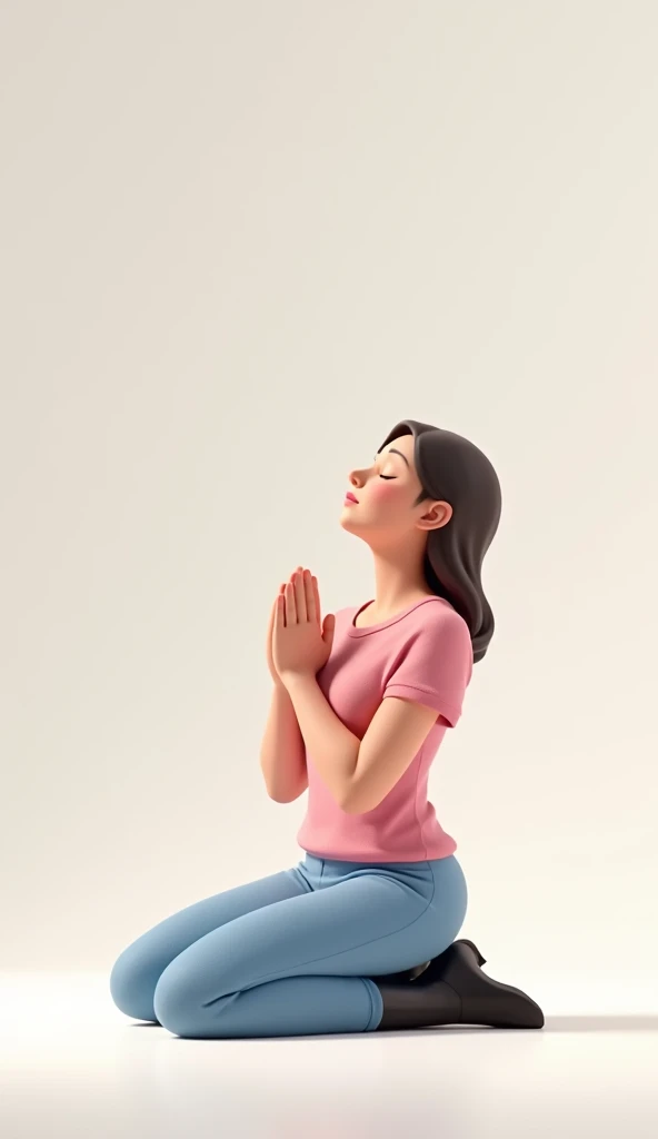 A  praying on her knees. (((she has her eyes closed devoutly))). Pink T-shirt, blue pants, with black boots. Image on the left side. (((all white background, all white floor))). Pixar Stylo