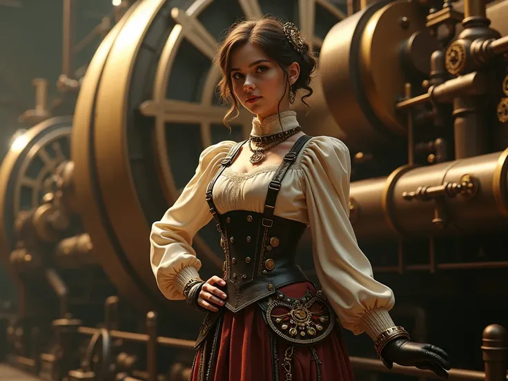 A young woman in a vintage steampunk outfit poses in front of a large brass steam engine.