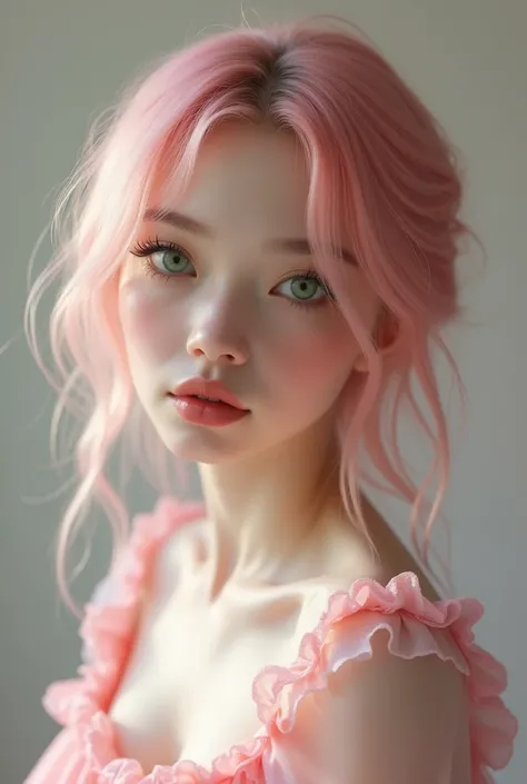  20-year-old woman , pink hair, water green eyes,  Thick lips,  very white skin, pretty eyelashes, model face,  delicate features , BLOND eyebrows, pastel pink dress, small face.