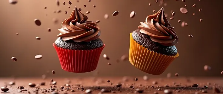 "Two chocolate cupcakes falling through the air in a dynamic composition, with rich chocolate frosting swirling on top and small chocolate sprinkles flying off around them. The cupcakes have vibrant cupcake liners in contrasting colors (like gold or red), ...