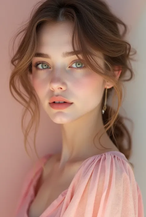  20-year-old woman , light brown hair, water green eyes,  Thick lips,  very white skin, pretty eyelashes, model face,  delicate features , BLOND eyebrows, pastel pink dress, small face.