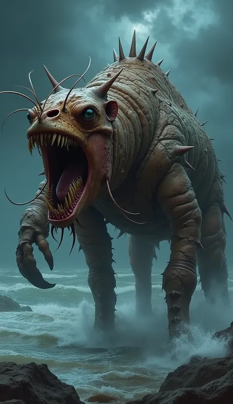 Mutant lobster hybrid with the head of an angry camel and roaring on a stormy night