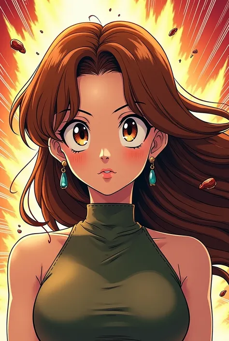 Dragon ball super comics panel of a female human With brown eyes and hair. She looks like Bulma but with long hair.