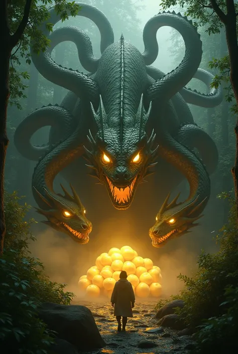 "Create a hyper-realistic, cinematic depiction of the mighty Ladon, the multi-headed dragon guarding the golden apples in the Garden of the Hesperides. Each of Ladon’s heads should resemble a fearsome serpent, its eyes glowing with an eerie, menacing light...