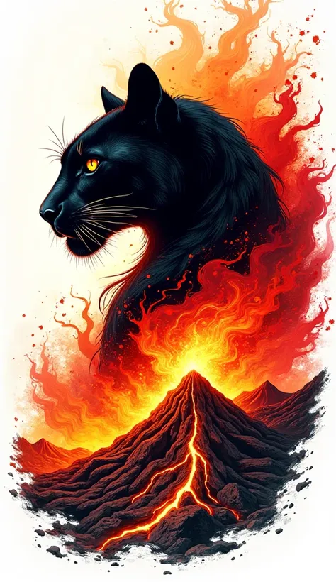 creative  illustration of panther, lava, volcano, double axposure,  fantasy style by dan mumford, frank franzetta , black, red, yellow, and orange outlines,high definition, intricat details, bright colors, logo style, negative space set on a white backgrou...