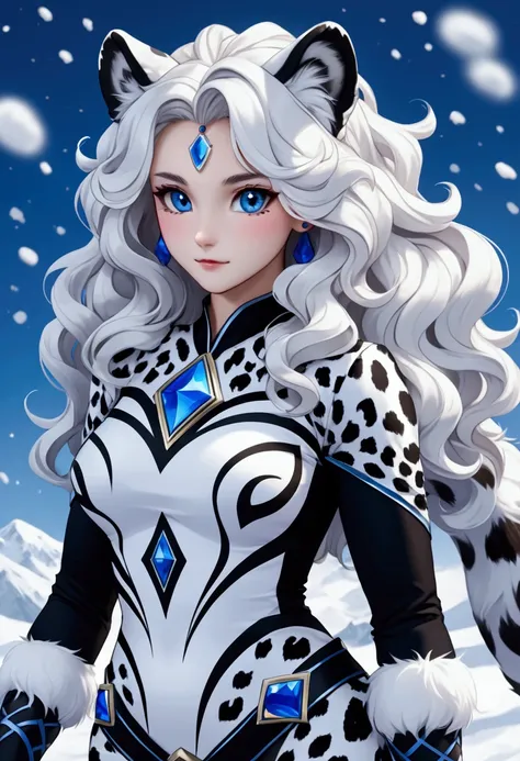 Create an image with a character with wavy white hair that goes down below the waist where she is wearing a miraculous-style snow leopard costume