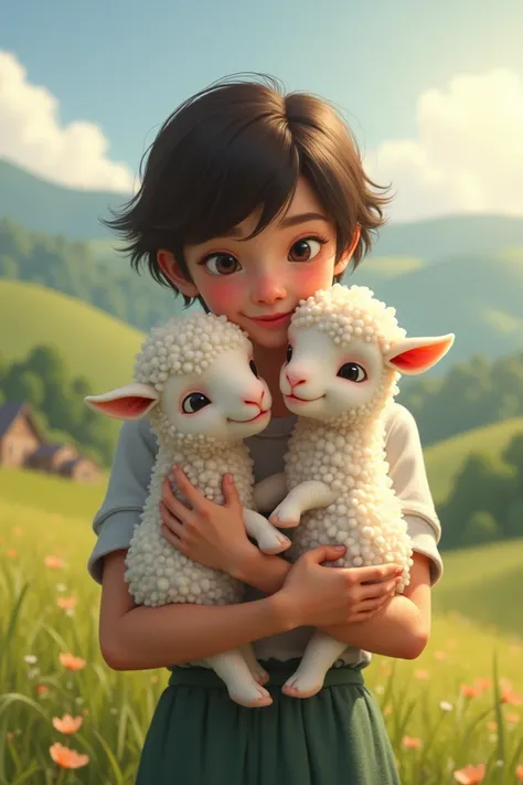  with baby lambs: A   with an enchanted expression holds two baby lambs in a pastoral setting. Natural lighting highlights the softness of the lambs wool and the tenderness of the moment.