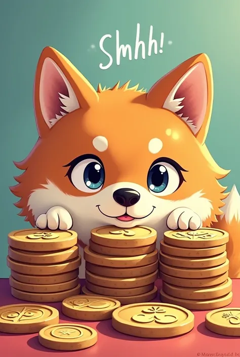 A stack of Discreet tokens (represented visually) with a Shiba Inu dog peeking out from behind, whispering "shhh."  Use a bright, playful color palette.