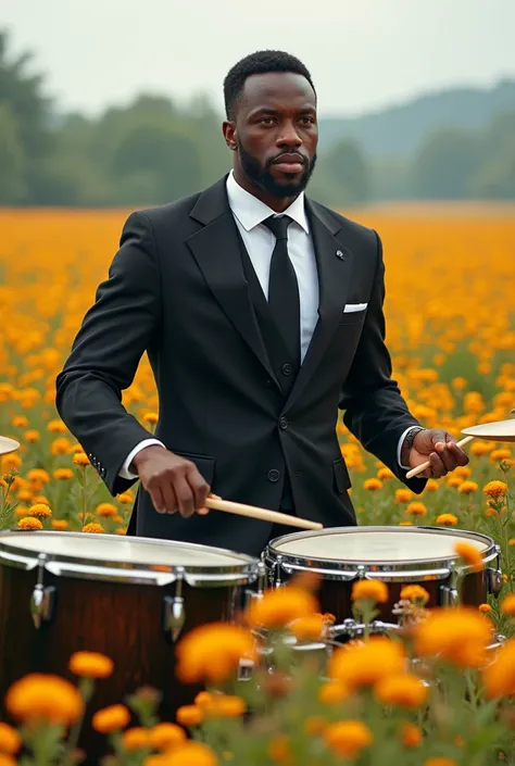 A BLACK MAN STANDING WEARING A SUIT  To play drums IN A FIELD OF WILD FLOWERS