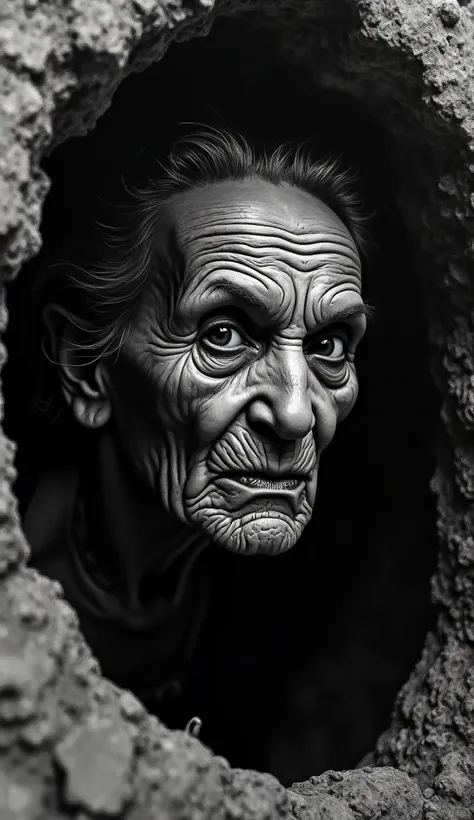 ink pencil, alchool ink, soft brush, half body profile of a malagasy old woman 70 years old, looks like apearing from the dark of a hole. Photo plongeante, le visage de la femme exprime la haine et la peur, horror movie style and athmospher