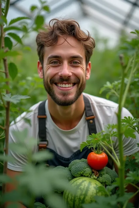  I need a person 20 to 30 years old , man,,  in the background a tomato plant , chili pepper,onion,Jalapeno pepper,broccoli ,Watermelon ,watermelon, Lettuce and Cucumber ;	 who can see that he is a working person;q