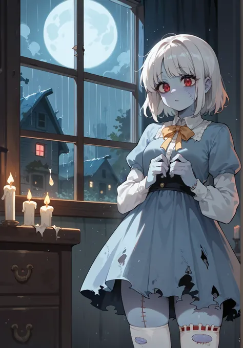 zombie girl, undead, light blue skin, body stitches, white hair, red eyes, torn white stockings, torn up dress, golden ribbons, spooky mansion, bedroom, standing by the window, raining outside, candles, night time,