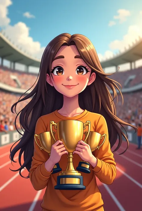  cartoon teenage girl who always wins many races and always champions wherever.  She carries many trophies in front of many people . he has long brown hair ,  wears long shirt and long sleeves