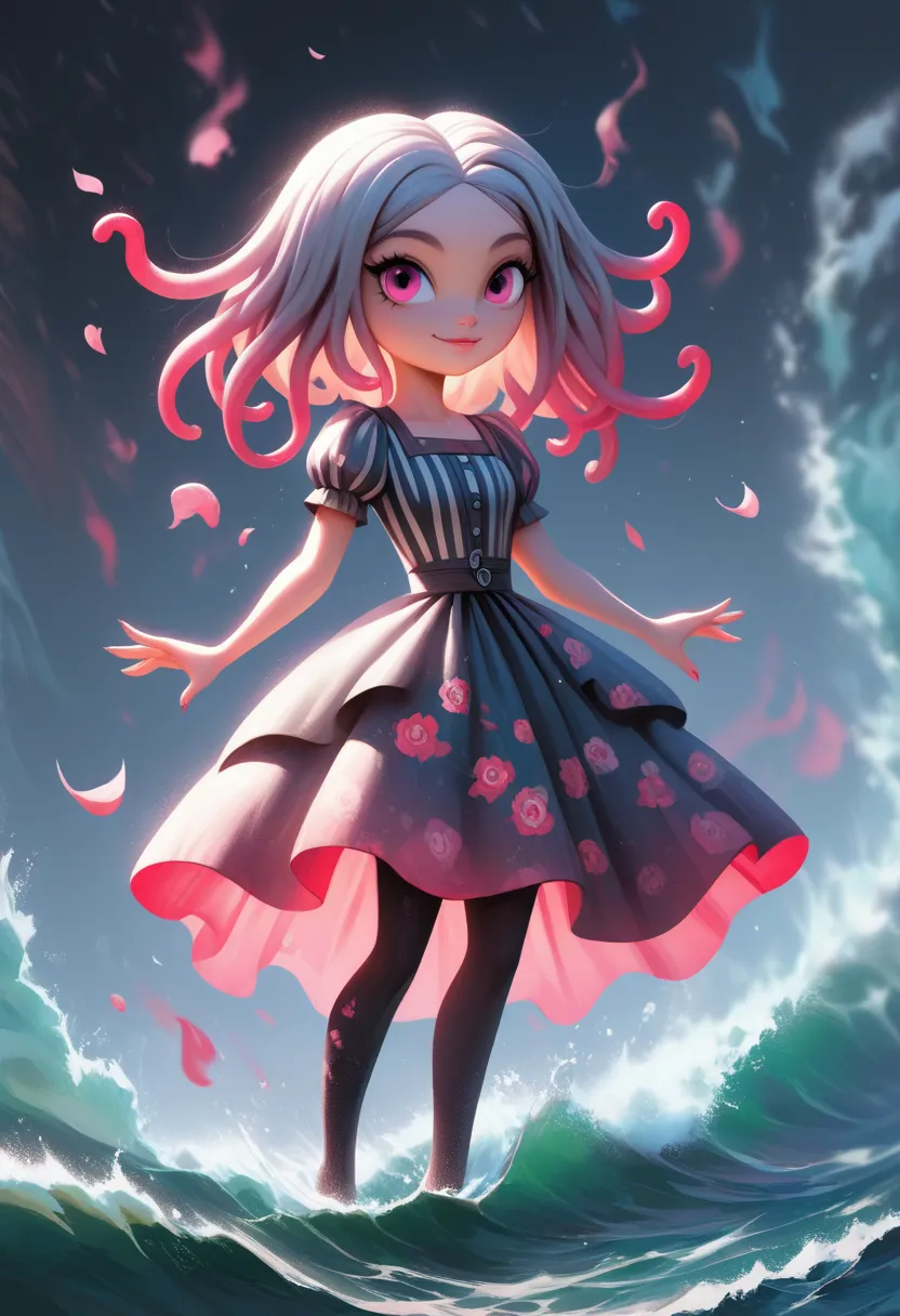 a full-body shot of a cute cthulhu creature, stylized anthropomorphic character surrounded by waves and sunset, stylized female ...