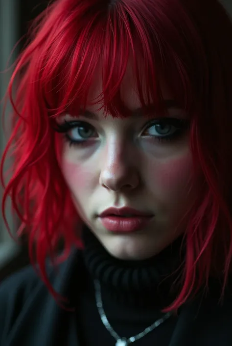 there is a woman with dark red short hair  black and red tones, red and black tones, messy dark red hair, goth girl aesthetic, eyes, 18 - year - old goth girl, red dyed hair, thick fancy eyeliner with bangs 