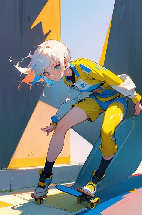 Masterpiece, best quality, (very detailed CG Unity 8k wallpaper) (best quality), (best illustration), best shadow, (a girl playing skateboarding: 1.3), , cute, short white hair, cap, sweet cool, shiny details of the eyes, (color flight suit), fashion short...