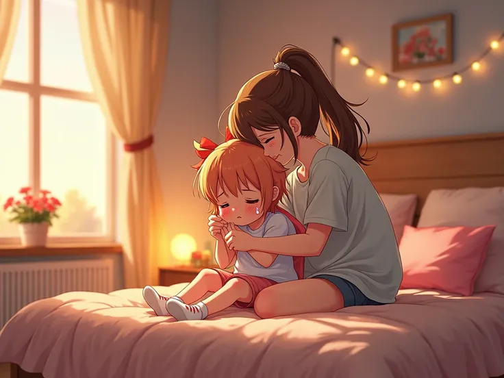 A tender moment featuring Sayori crying while being comforted by Monika in a warm and cozy bedroom. Sayori, a young girl with short peach-colored hair and a red bow, sits on a bed, her face buried in her hands as tears stream down her cheeks. Monika, with ...