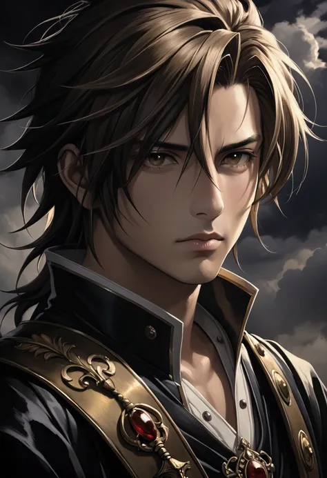 Squall lionheart, portrait, traditional oil painting, chiaroscuro lighting, dramatic lighting, cinematic, high contrast, muted colors, dramatic colors, moody atmosphere، Tetsuya Nomura style.