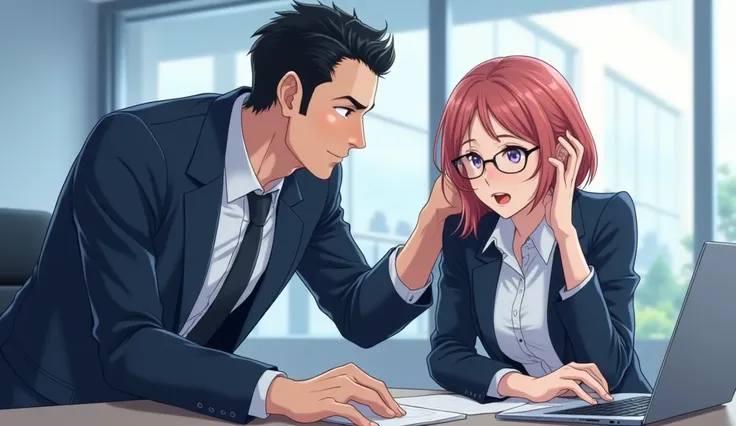 A male boss is helping her female employee with work on a computer anime