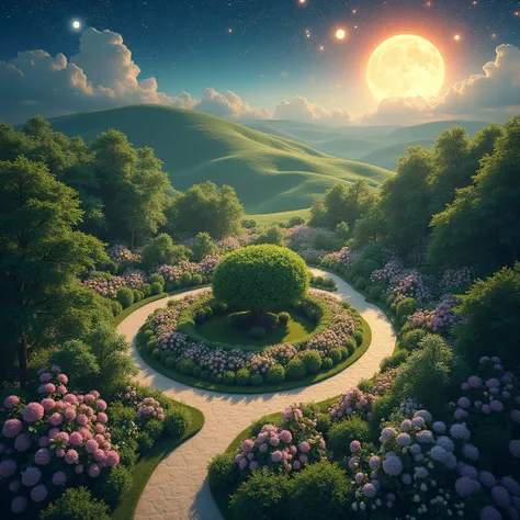 " Aerial view of a magical garden with a forest circle in the center.  Sun in the upper right corner ,  moon in the lower left corner , and galaxies on the sides . romantic 

