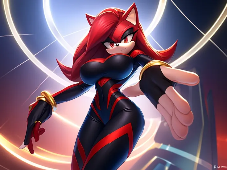 shadow the hedgehog but female,black fur with vertical red stripes,side fur locks at faces both sides,white fur tuft on neck, big breasts,spiderman 2099 suit, bodysuit,white,red and black details,perfect female shape,thin waist,Slim and voluptuous girl,fin...