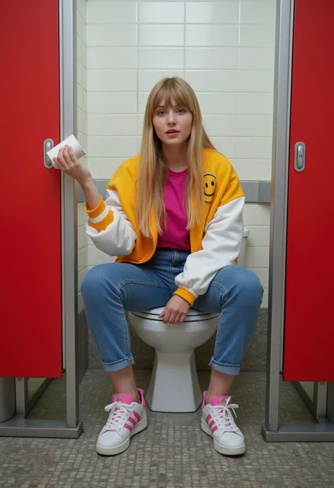 a young russian woman, about 20 years old with pale skin, rosy cheeks, expressive honey-green eyes, long blonde hair combed in bangs. she is wearing a yellow and white college jacket which has a happy face patch, a fuchsia t-shirt, blue jeans, white Adidas...