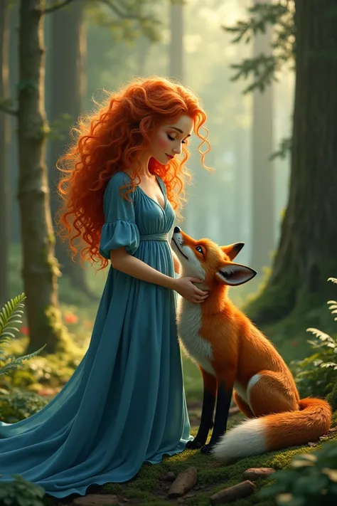 Curly haired, red-haired woman wearing blue dress taking care of a fox in the forest