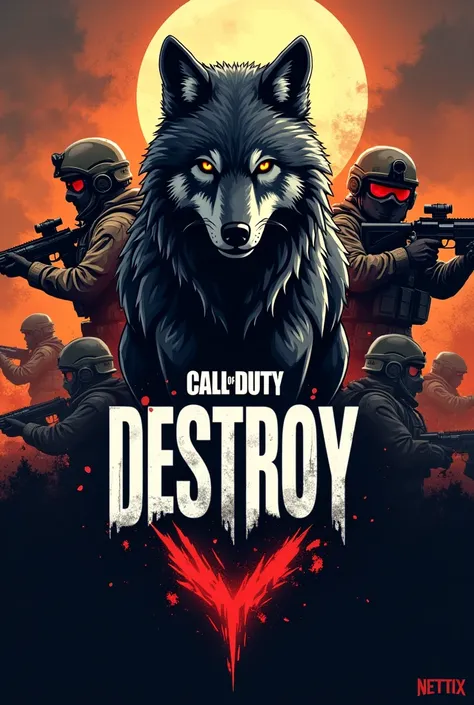 Create a logo written Locality Destroy with a Call of Duty themed wild wolf and soldiers and weapons of war 