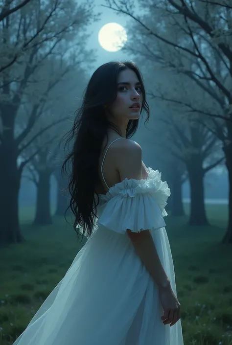 Ximena Gutierrez Laiza with shiny black eyes black hair  , White tree park background at night with a white dress  