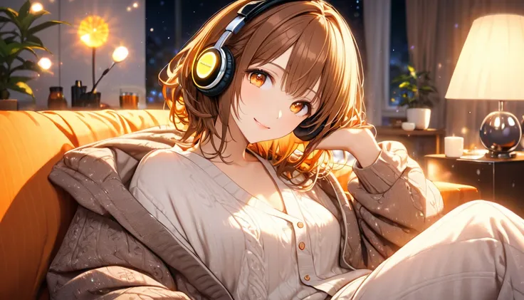 background： living room 、 Table lit with aroma candles 。  
expression：Relaxed gentle smile 。  
Costume： Cardigan and loungewear setup。  
 pose：Sitting on the sofa、 Relaxing while holding a cup 。  
scene：( Brown-haired girl with headphones ), ( Relaxing wit...