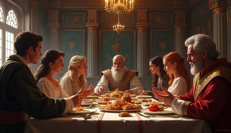 Create a scene of a young noble family dining in an opulent medieval hall, the father and siblings debating while the dark-haired boy listens quietly, his face thoughtful and contemplative.