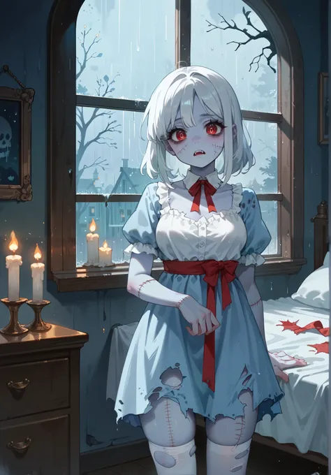 zombie girl, undead, light blue skin, body stitches, white hair, red eyes, torn white stockings, torn up dress, golden ribbons, spooky mansion, bedroom, standing by the window, raining outside, candles, night time,