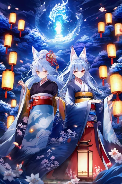 torii　Shrine maiden　Nine-Tailed Fox　fox Light blue hair 　beast girl　indigo fur　fox beast girl　fox Light blue hair 　beast girl　indigo fur　fox beast girl　Wallpaper 4k,8k,highly detailled,,vivid colors,detailed kitsune with 9 tails,traditional Japanese artwor...