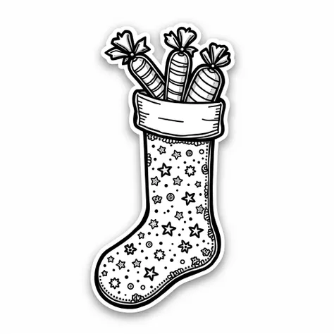 a Christmas sock with a pattern on it. Pattern consists of stars, thick lines, circles, symmetrical shapes. The sock contains a caramel Christmas stick, a candy bar, wrapped candies.  Only outline of the drawing, black and white, (Sticker),White background...