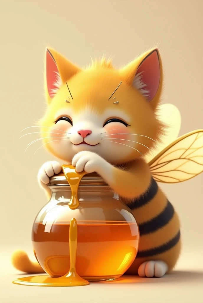 Catbee, huggs a glass honey pot, open eyes , honey pot on belly, paw drenched in honey