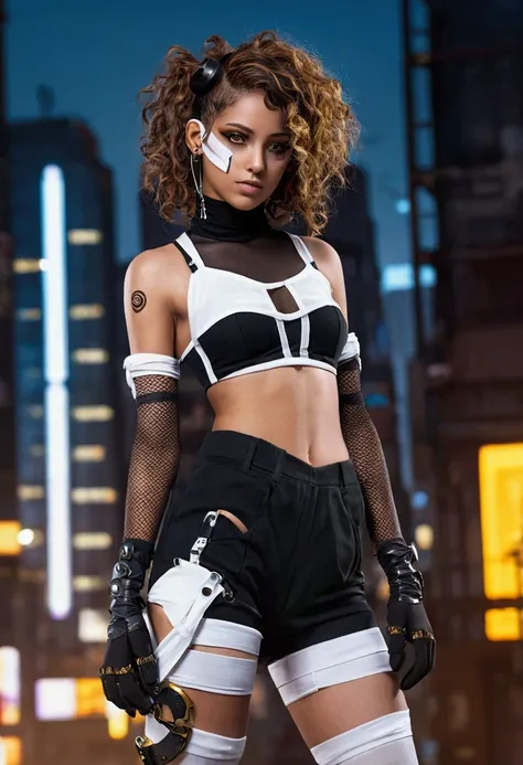 Female, 5’6, Tan skin, Full body, Golden eyes, Medium length brown curly hair, cyberpunk outfit with thigh highs, White bandages across chest, Elbow length black gloves, baggy pants, cropped mesh top, with multiple ear piercings