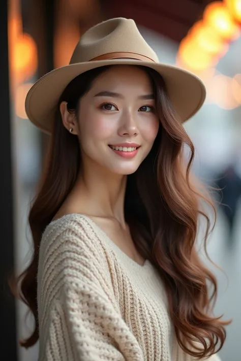 Wanita cantik Korea rambut panjang terurai warna coklat memakai sweater memakai topi pose model profesional latar belakang bokeh 