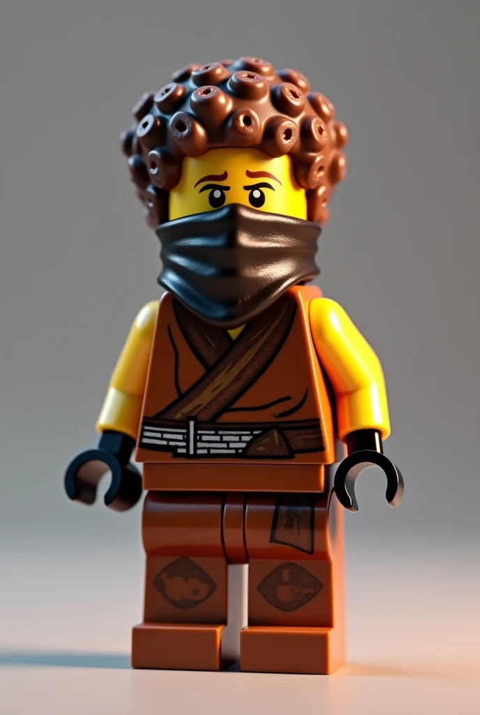 Lego minifigure in brown ninja suit without sleeves with bandana and curly brown hair