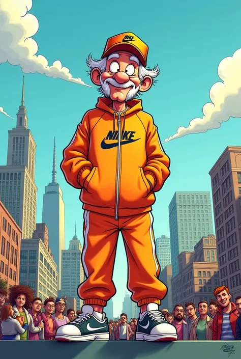 Make a cartoon of an old man wearing Nike clothes on top of a roof with lots of people around him 
