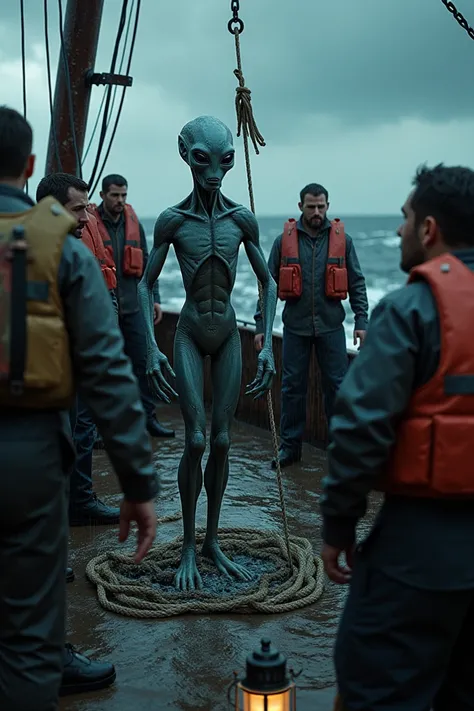 A highly realistic scene depicting an alien captured by humans aboard a fishing vessel at sea. The alien has smooth, shimmering blue-gray skin, large reflective eyes, and a slender, elongated body with webbed hands and feet, suggesting an aquatic origin. I...