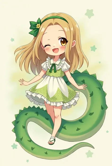 A anime girl with a green lizard tail wearing a cutesy outfit and smiling 