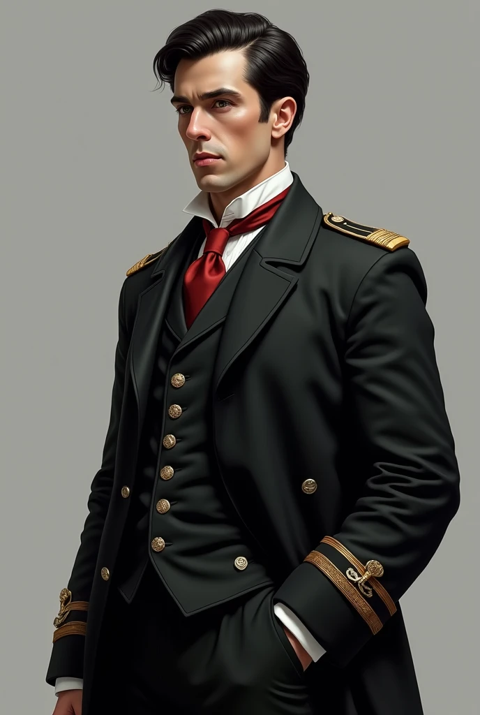 ((best quality)), ((masterpiece)), (detailed), (masterpiece, best quality:1.2), highly, detailed, highres, solo focus, one male person, white skin, black hair, black gabardine, black suit, red tie, black skirt, looking at the right, hoi4 style, portrait, g...