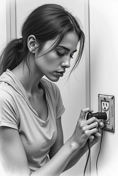 woman with wet hands plugging an electrical appliance into the electrical outlet in drawing