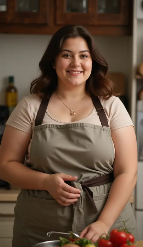 (Best quality, 8k, masterpiece: 1.3), a beautiful woman with fat figure: 1.4, round face, double chin, dark brown hair, wearing a pendant, wearing an apron, in the kitchen, highly detailed face and skin, detailed eyes, double eyelids, big breasts, smile