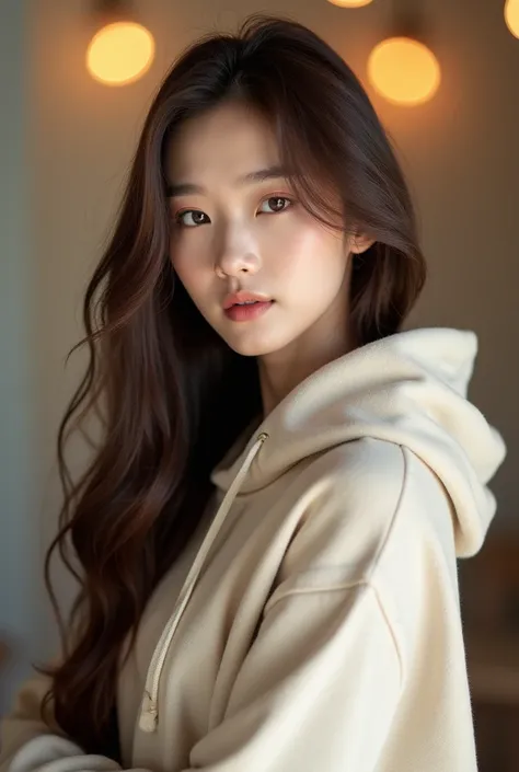 Wanita cantik Korea rambut panjang terurai warna coklat memakai Hoodie pose model profesional latar belakang bokeh 