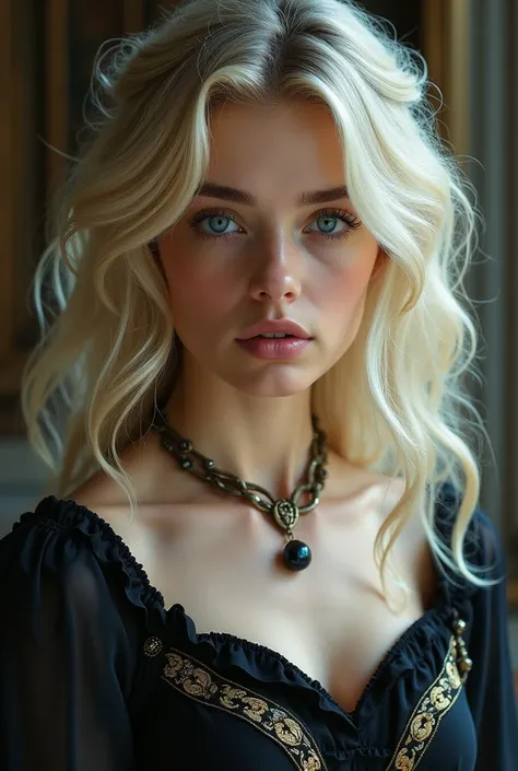  A beautiful girl with medium blond hair . She has big blue eyes .  She is wearing a necklace made of a black pearl.  She is dressed in medieval style . She has black magic