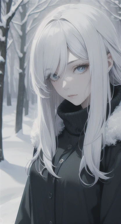 Young and sophisticated woman, long white hair, blank eyes, spirit, model, snow, cold forest winter, looking frozen, looking dead, 