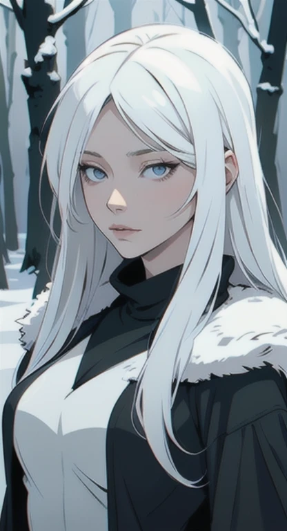 Young and sophisticated woman, long white hair, blank eyes, spirit, model, snow, cold forest winter, looking frozen, looking dead, 